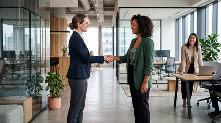 Fototapeta premium Diverse Businesswomen Shaking Hands in Modern Office After Successful Business Meeting