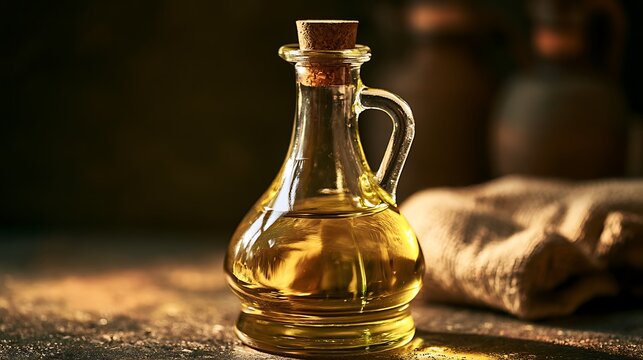 A small glass bottle filled with golden olive oil sitting on a rustic table.