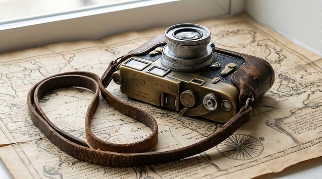 Vintage film camera resting on antique world map