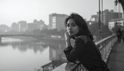 Fototapeta premium Young woman looking thoughtfully over a city bridge at sunrise.