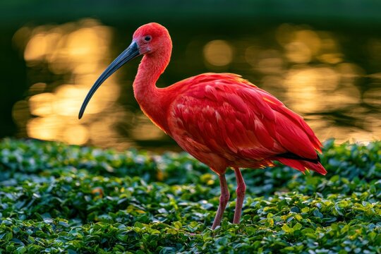 Scarlet ibis bird standing on green shrubs near golden hour water with sharp focus for wildlife and nature conservation marketing