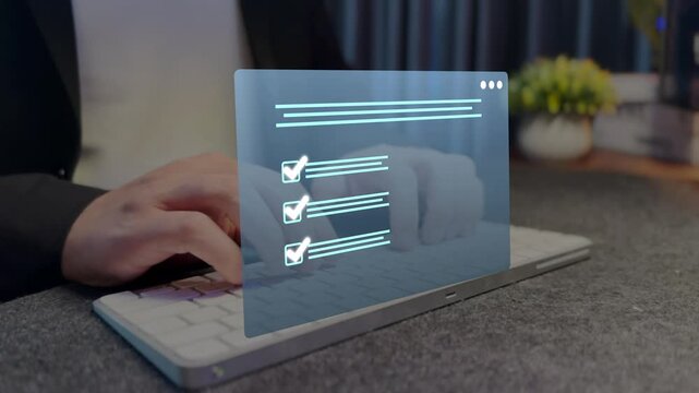 Online survey questionnaire with digital feedback form. Filling form, research analytics, technology interface and data review. 