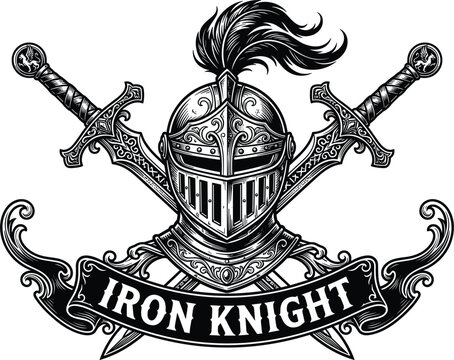 Medieval iron knight helmet emblem with crossed broadswords ornate ribbon banner vintage woodcut tattoo vector illustration