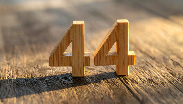 Wooden Number 44 Standing on a Textured Wooden Surface in Sunlight.