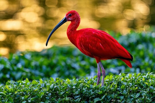 Vibrant scarlet ibis standing on dense emerald foliage against a sunlit golden pond in a sharp telephoto shot for wildlife conservation branding