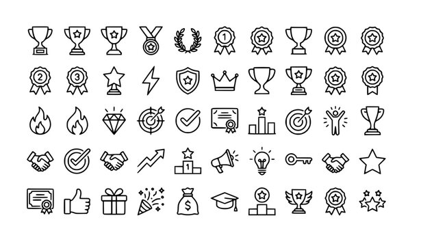 Trophy icon set with winner cup victory reward editable stroke outline vector collection