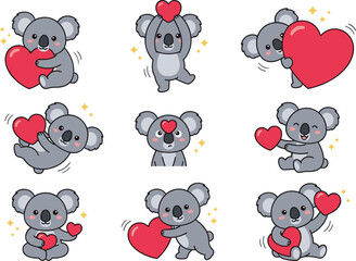 Cute koala with heart cartoon vector collection featuring hugging, holding, carrying, and playing with hearts for adorable love character illustrations