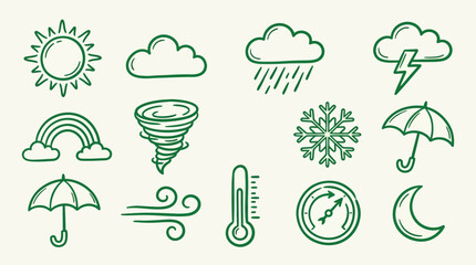 Obraz premium A collection of hand-drawn green weather icons, including sun, clouds, rain, lightning, rainbow, tornado, snowflake, umbrella, thermometer, wind, compass, and moon.