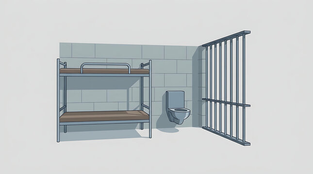 Vector illustration of empty prison cell interior with bunk bed with bed toilet architecture confinement punishment minimalist detention with isolation