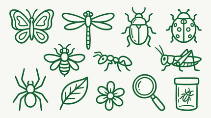 A collection of stylized green line art illustrations depicting various insects and nature elements on a light background. © logan