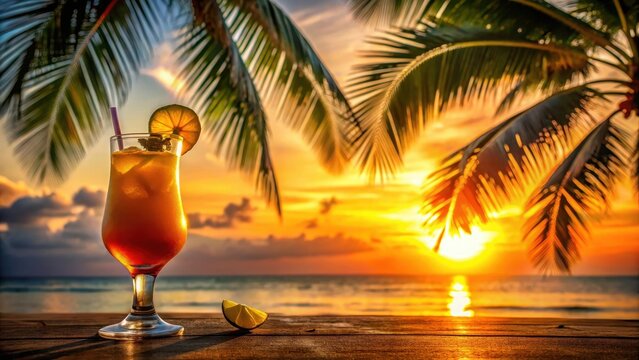 A refreshing tropical cocktail with an orange slice in a tiki glass nestled under swaying palm trees at sunset