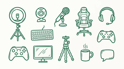 Hand-drawn doodle illustration of various gaming and streaming equipment including controllers, microphone, webcam, and ring light. © logan