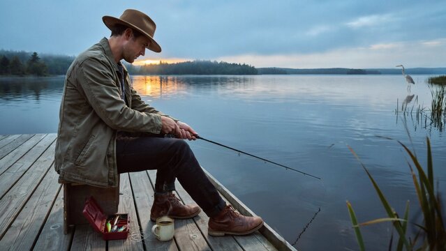 Man in cowboy hat fishing on wooden dock at sunset over calm lake waters