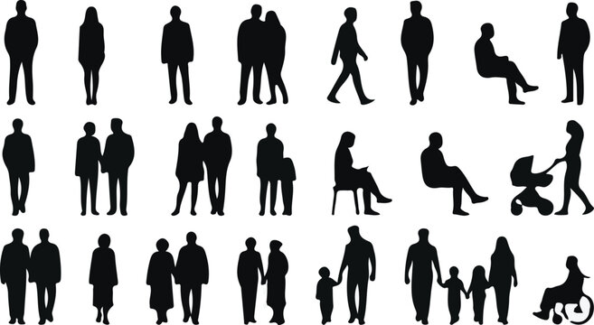 Black silhouette people collection, diverse crowd of human figures in various poses, architectural scale vector set for urban planning and design isolated on White Background vector eps