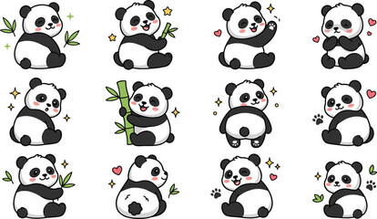 Cute panda cartoon vector collection featuring bamboo, waving, hugging, sitting, playful poses, front and back views, and adorable bear characters © Yevhenii creative
