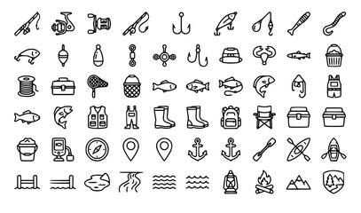 Fishing Editable Line Icons Set for Angling Equipment Outdoor Adventure and Water Recreation © MdKawshar