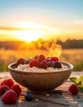 Healthy Oatmeal Bowl with Fresh Berries at Sunrise.