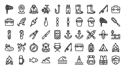Professional Fishing Equipment and Outdoor Gear Editable Line Icons Set for Sport Angling and Lake Recreation © MdKawshar