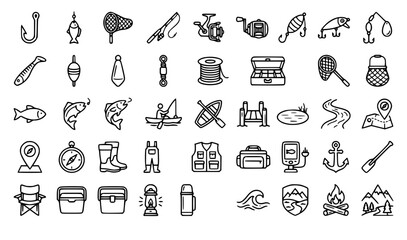 Fishing Collection Editable Line Icons Set with Hook Net Casting and Angling Equipment © MdKawshar