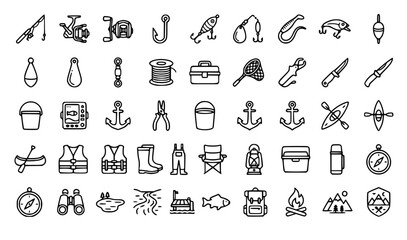 Fishing Equipment and Outdoor Gear Editable Line Icons Set with Net Reel Hook Boots and Location Symbols © MdKawshar