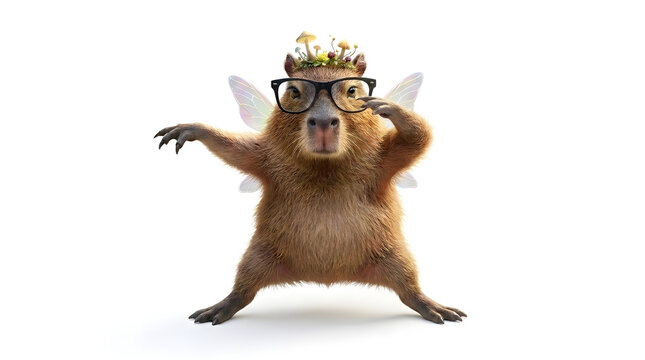 A whimsical capybara wearing dark framed spectacles and fairy wings poses playfully while balancing a crown of tiny wild yellow flowers upon its head to create a charming and funny animal scene