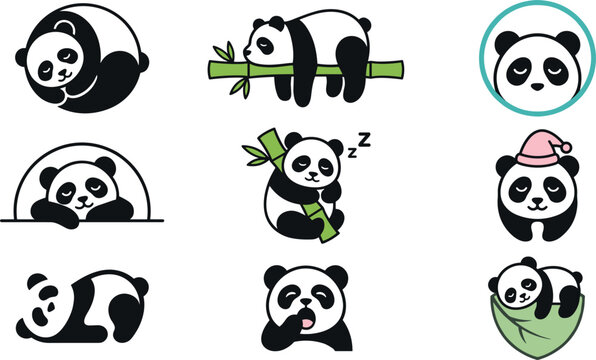 Cute panda cartoon vector illustration collection featuring sleeping, peeking, hugging bamboo, wrapped blanket and playful bear character poses isolated on white background