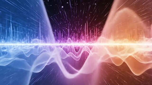 Audio waves visualize sonic data through glowing neon lines pulsing across a dark digital field, representing complex network signals and high speed technological connectivity in a modern cyberspace.