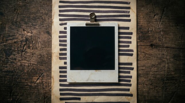 Blank vintage instant frame attached to aged paper with black horizontal lines on wood surface with lines resting textured dark wooden background displays blank square with frame clipped piece