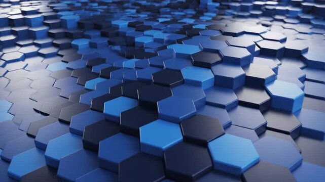 Hexagons in shades of blue create a digital geometric pattern that stretches across the surface in a three dimensional relief, providing a textured background suitable for modern corporate technology.