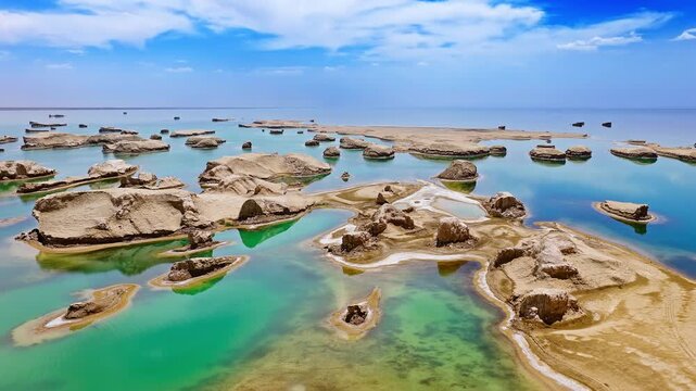 Aerial view of water yardang landforms surrounded by turquoise water in Qinghai, China