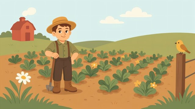 Cheerful farmer tending vibrant vegetable garden with barn and bird in countryside