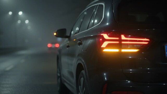 Rear of a car with illuminated taillights on a foggy road at night with car s automotive atmosphere transport vehicle driving safety static with video static