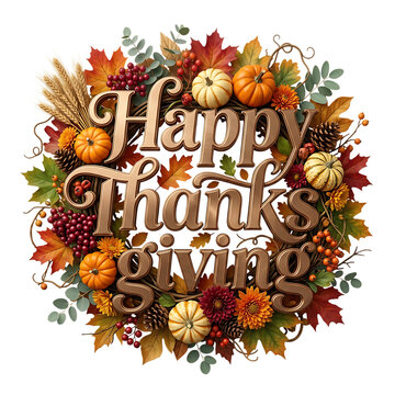 Happy thanksgiving text sign surrounded by a festive autumn wreath with colorful fall leaves and small pumpkins