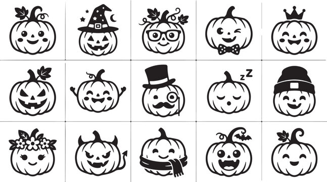 Set of cute cartoon pumpkin characters with funny expressions and accessories for halloween