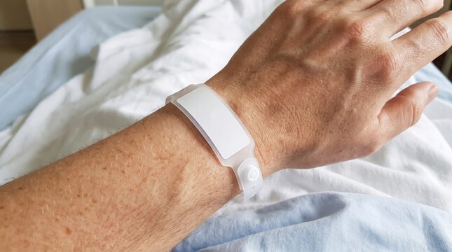 Patient wearing blank plastic identification wristband resting on soft white bedding in clinical setting with medical identification bracelet bracelet against backdrop human wrist wearing