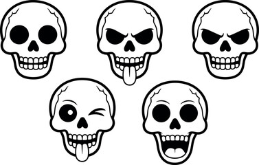 Obraz premium Cartoon Skull Emoji Set Funny Halloween Expressions Vector Line Art Character Collection