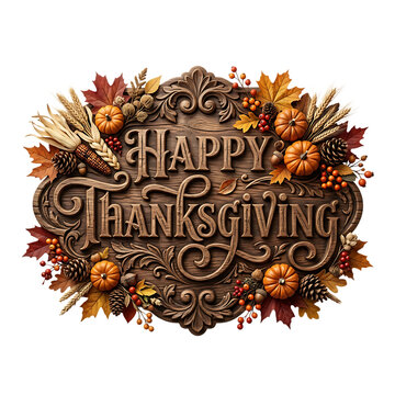 Happy thanksgiving decorative wooden sign with autumn leaves pumpkins and harvest decorations