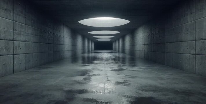 Concrete tunnel with water reflections and circular ceiling lights during a slow dolly out