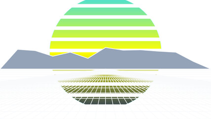 Retro Synthwave Landscape with Gradient Striped Sun, Gray Mountains, and White Digital Grid © Abdul Hamid