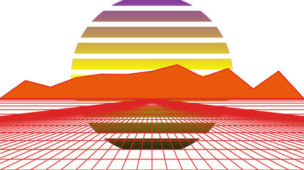 Retro Synthwave Landscape with Gradient Striped Sun, Orange Mountains, and Red Digital Grid © Abdul Hamid