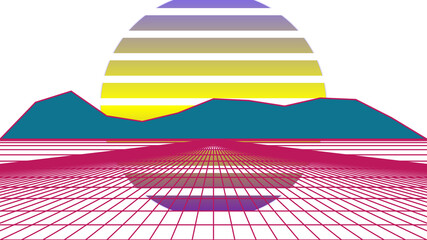 Retro Synthwave Landscape with Horizon Striped Sun, Blue Mountains, and Pink Digital Grid © Abdul Hamid