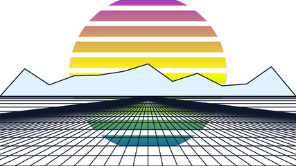 Retro Synthwave Landscape with Striped Sun, White Mountains, and Dark Digital Grid © Abdul Hamid