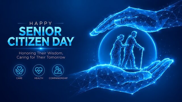 Abstract blue digital representation of hands protecting an elderly couple for happy senior citizen day. senior citizens day with protecting citizens security. senior citizens day