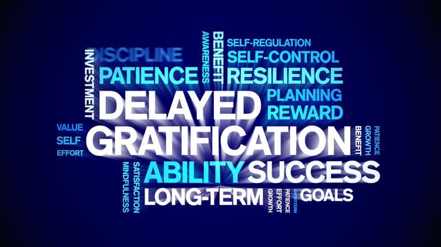 Delayed Gratification animated word cloud-text design animation tag kinetic typography seamless loop.