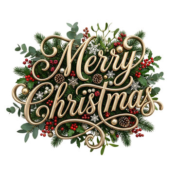 Merry christmas gold calligraphy text with a festive holly and berry wreath decoration