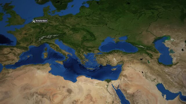 Animated Flight Route Map from Amsterdam to Cairo Over Europe and Mediterranean