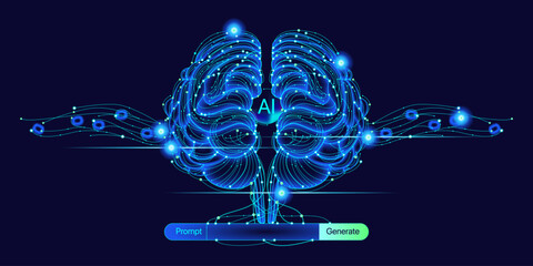 Illustration of abstract stream information. Generate image, video from prompt concept. Big data, technology, AI, data transfer, data flow, generative ai, large language model, ai brain background © Krot_Studio