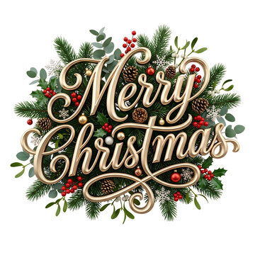 Merry christmas gold text sign with green pine branches red berries and pine cones for holiday greeting card design