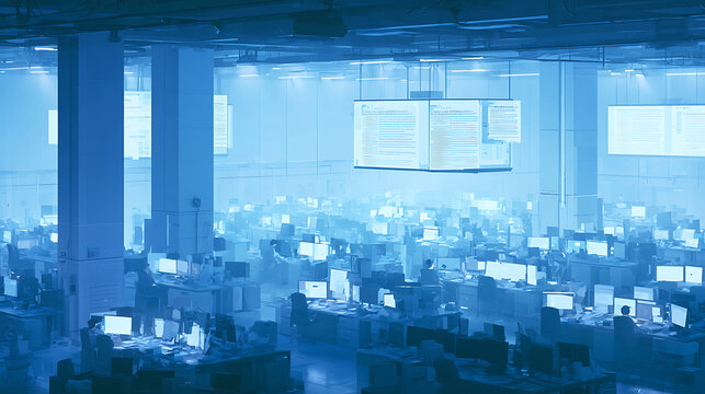 A busy newsroom where an AI assistant summarizes breaking news on a floating screen (3)