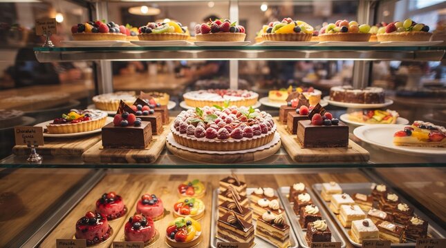 Glass display case filled with beautifully arranged desserts and pastries, top shelf fruit tarts with berries and citrus, middle shelf raspberry cream cake with individual chocolate cakes, bottom shel